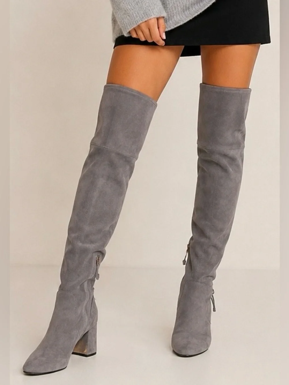 Tory Burch Laila Gray Suede Stretch Over The Knee Boots Size 5 Block Heel OTK